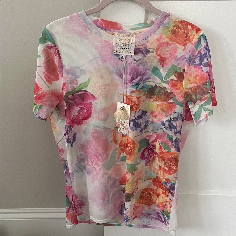 Johnny Was Jade Eleanor Mesh Short Sleeve Tee L13524 Boho Chic Medium